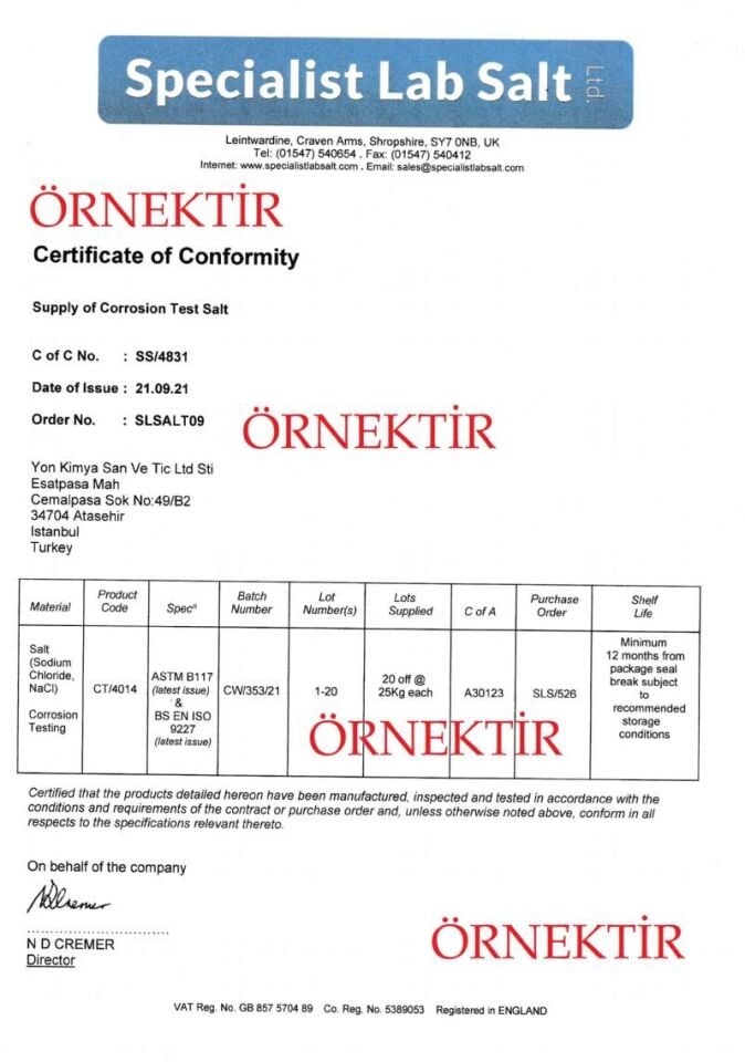 Özel Saf Tuz / ASTM B117 standardına uygun